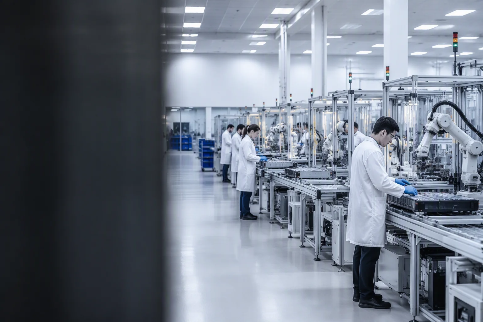 Battery pack assembly line in the EMS-ESS Shenzhen factory with engineers at work