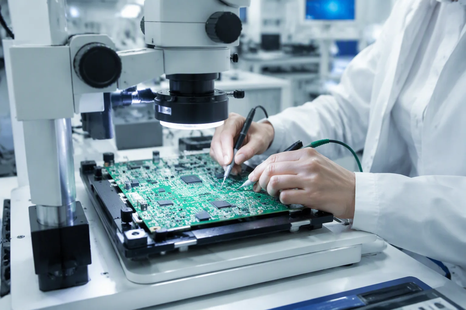 Circuit board inspection under a microscope in the EMS-ESS electronics lab