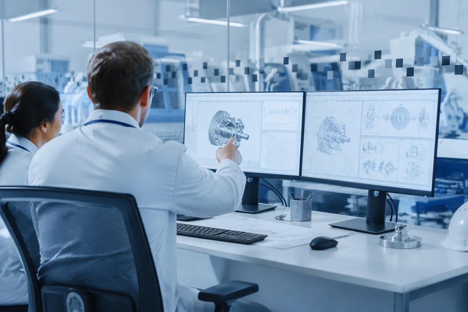 EMS-ESS engineers reviewing CAD drawings at a workstation