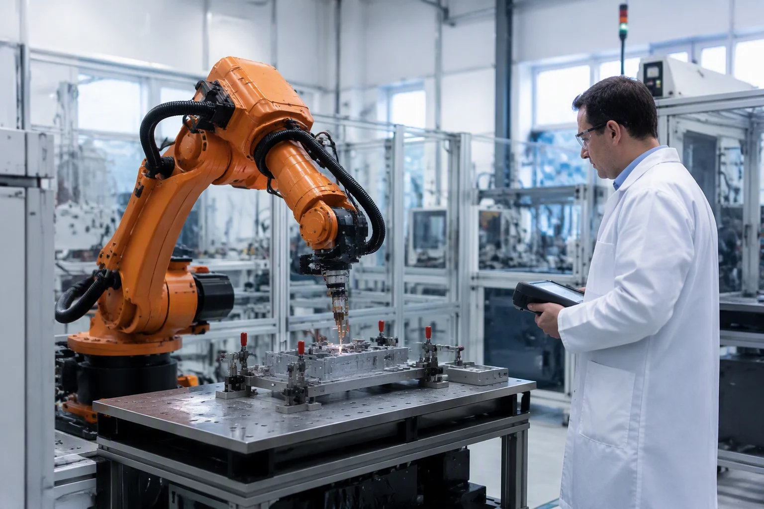 Robotic spot-welding cell on the EMS-ESS e-mobility line