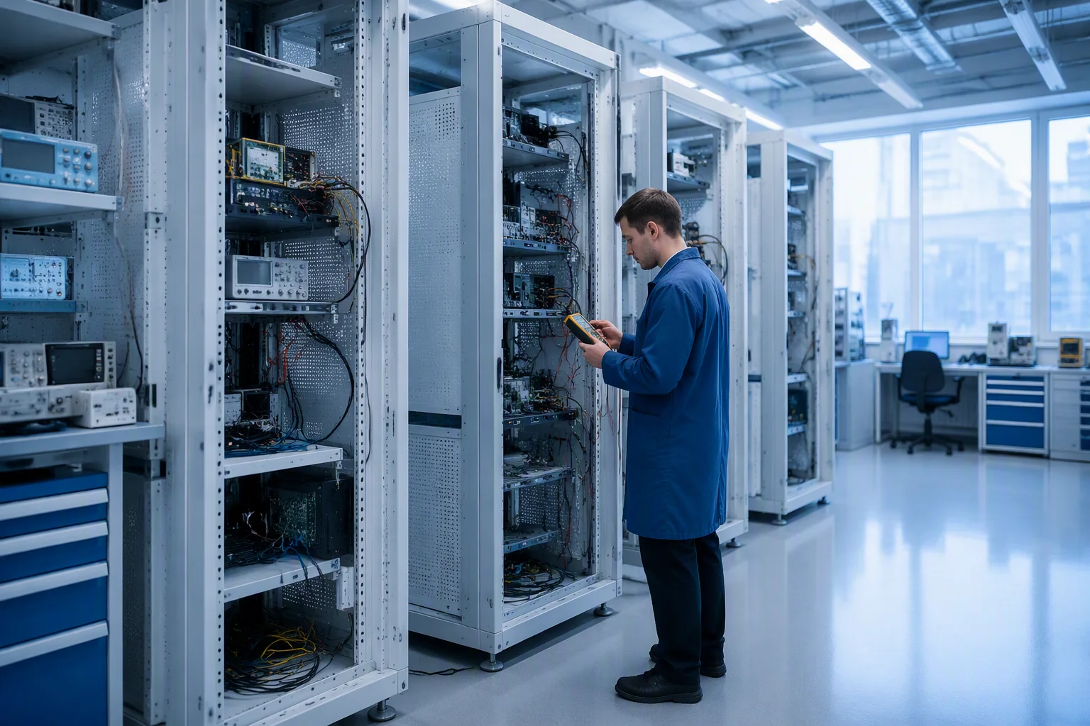 Electronics test rack stations in the EMS-ESS lab
