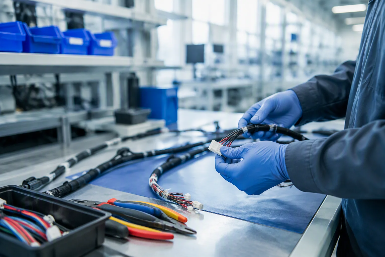 Engineer hands assembling a wiring harness at an EMS-ESS workbench