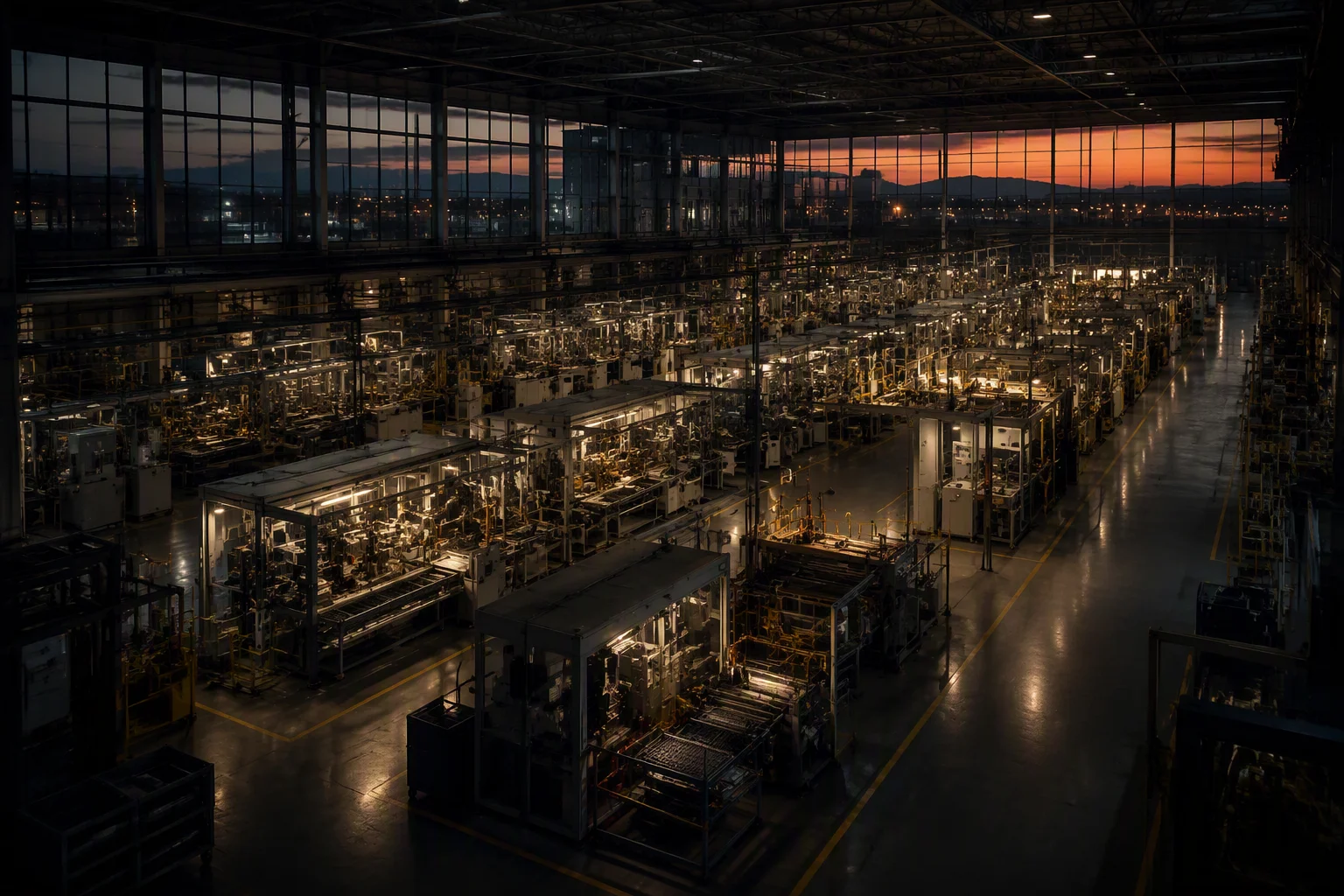 EMS-ESS factory floor at dusk with work lights