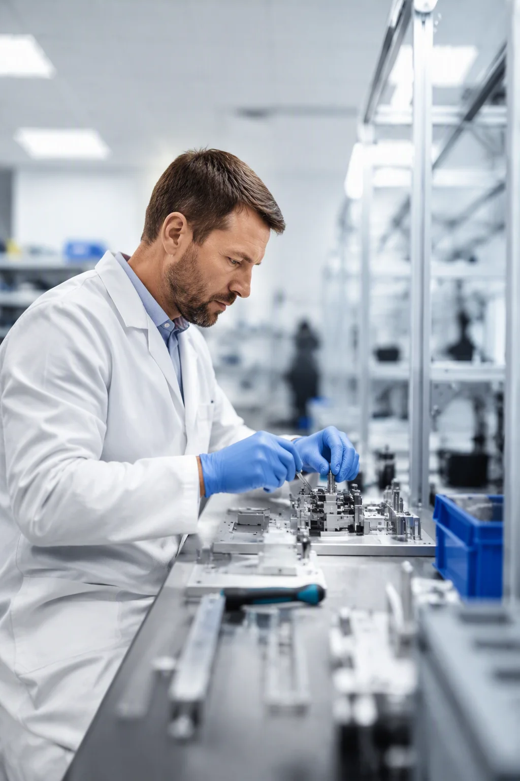 EMS-ESS engineer assembling a battery pack at a precision workbench