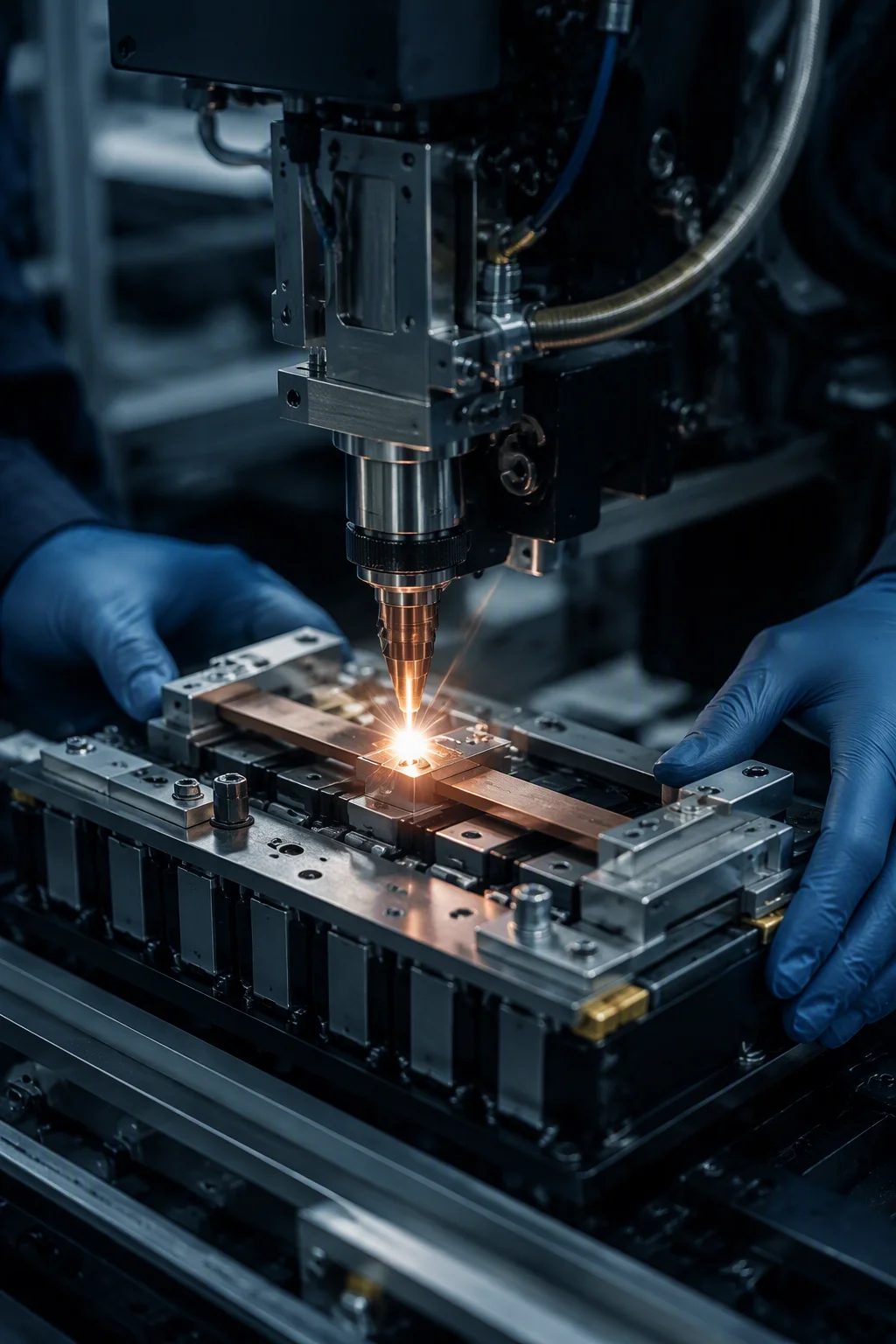Laser welding joining metal busbars on the EMS-ESS production line