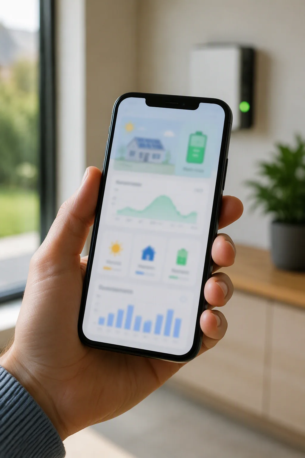Smartphone showing the PV system monitoring app dashboard