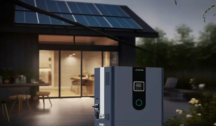 House with rooftop solar panels and a home energy storage battery at dusk