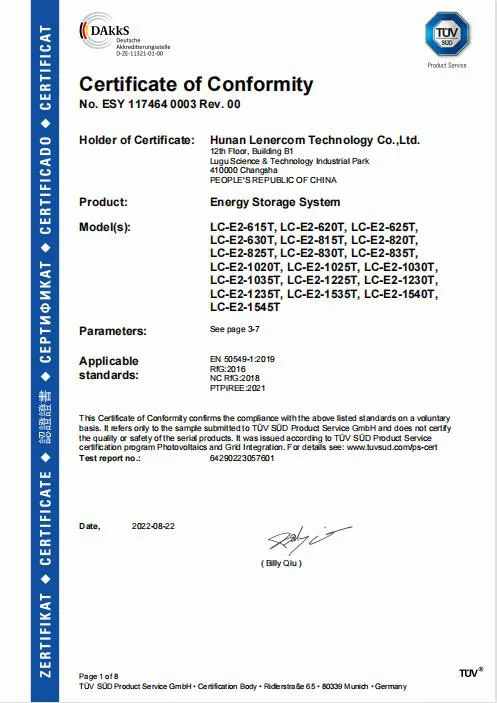 DAkkS certificate of conformity for the LC-E2 high-voltage energy storage series, EN 50549-1 grid connection