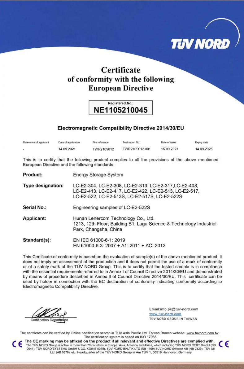 TUV NORD EMC certificate for the LC-E2 energy storage series, EN IEC 61000-6-1 and EN 61000-6-3