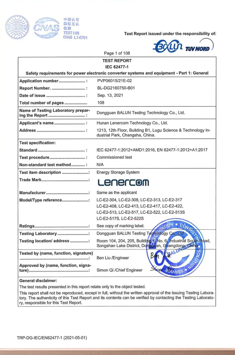 IEC 62477-1 safety test report for the LC-E2 energy storage series