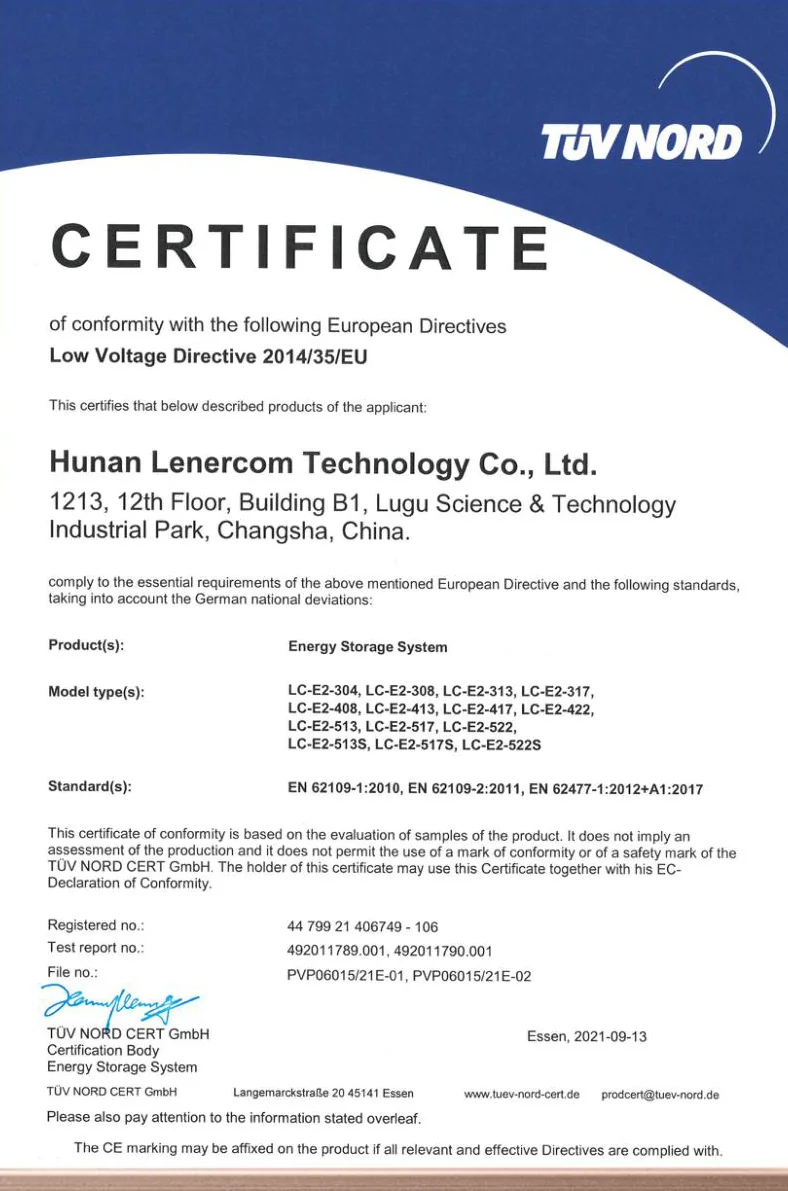 TUV NORD LVD certificate for the LC-E2 energy storage series, EN 62109 and EN 62477
