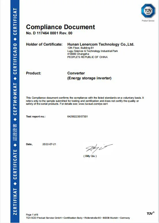 TUV SUD compliance document for the energy storage inverter