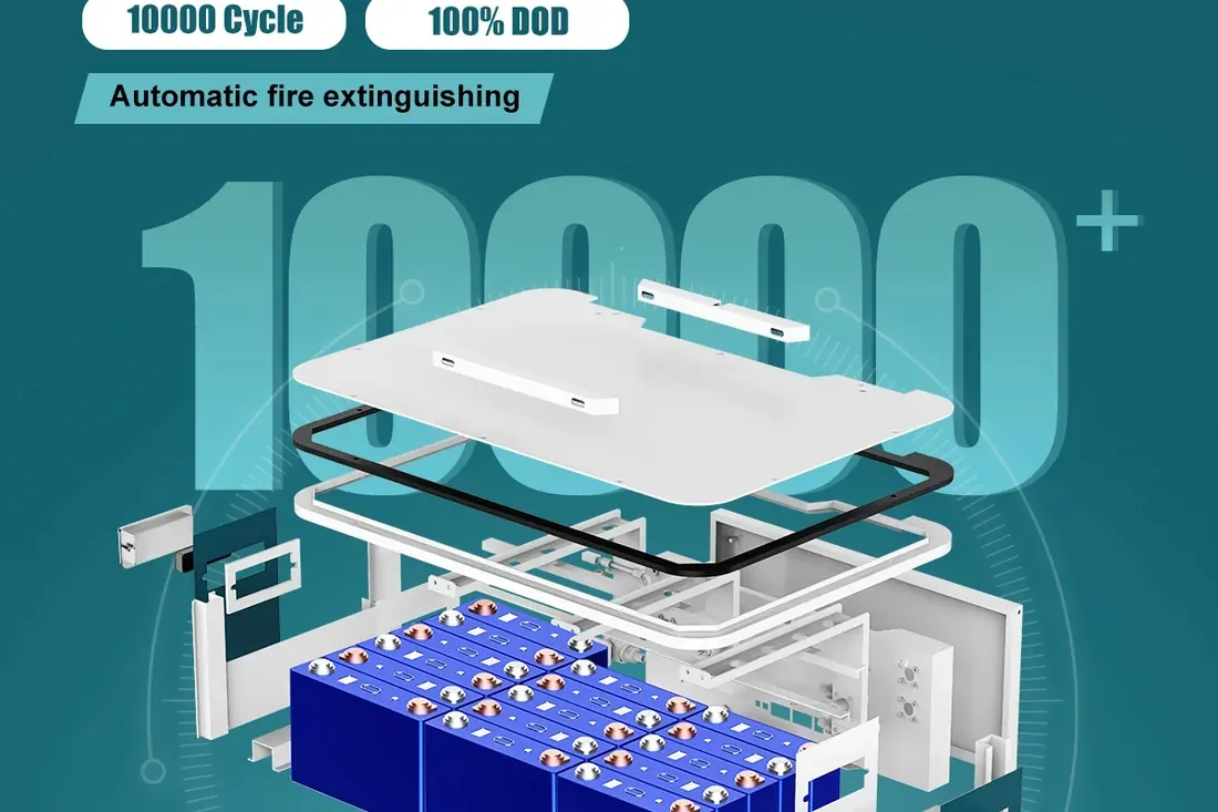 Product render highlighting the 10,000 cycle rating and automatic fire suppression of the EMS-ESS battery