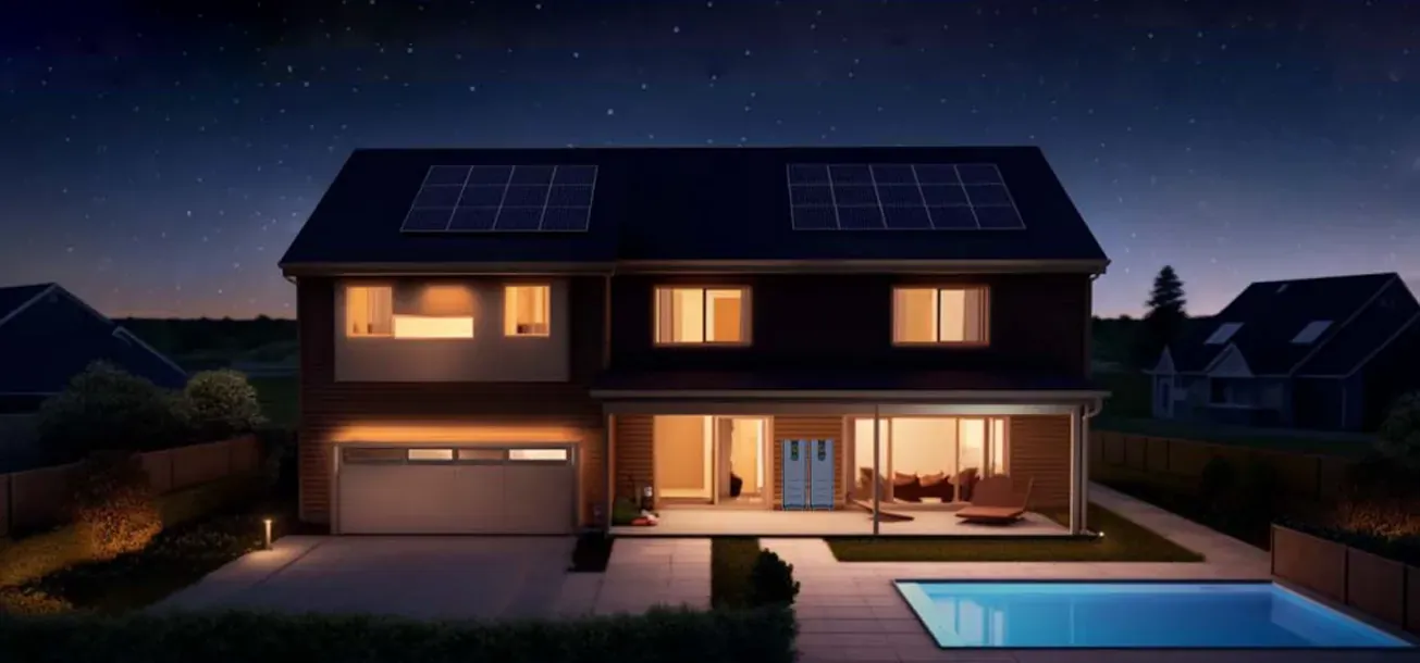 Home with rooftop solar and energy storage battery at night