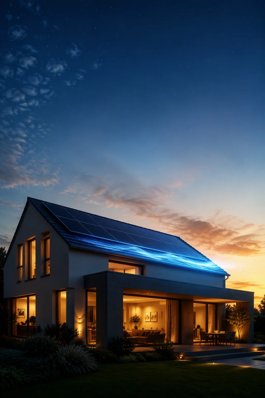 Residential home energy storage concept — house at dusk with rooftop solar and a soft energy glow