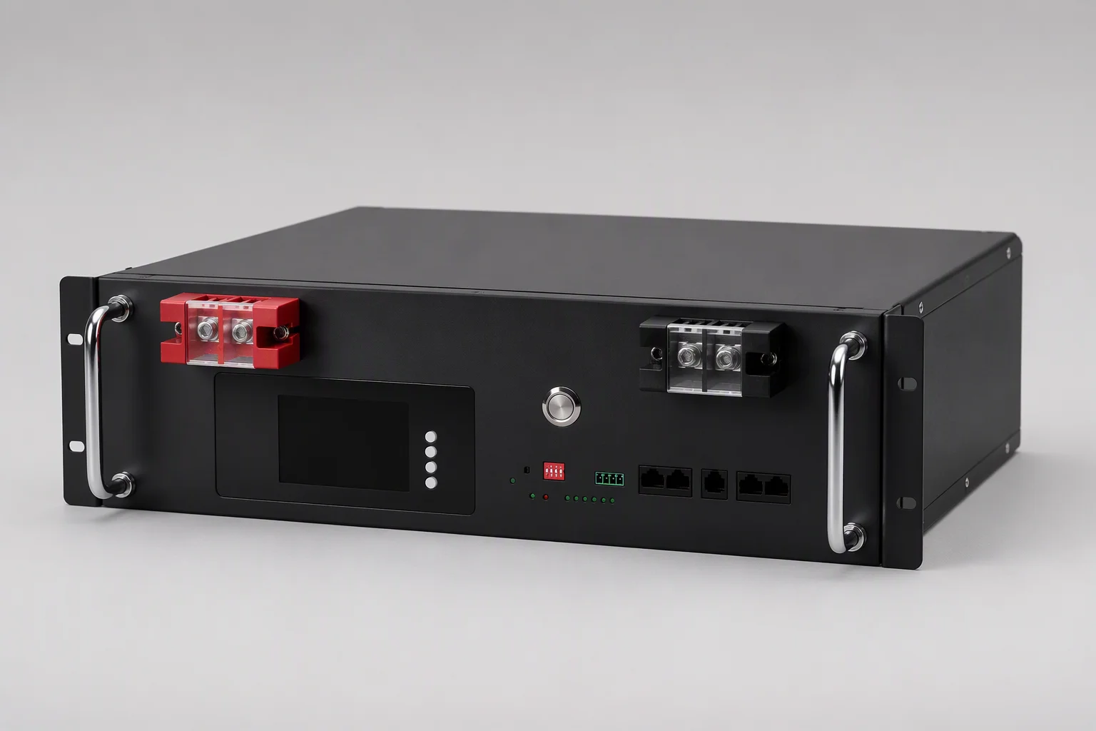 24V 100Ah rack-cabinet battery, side view showing enclosure