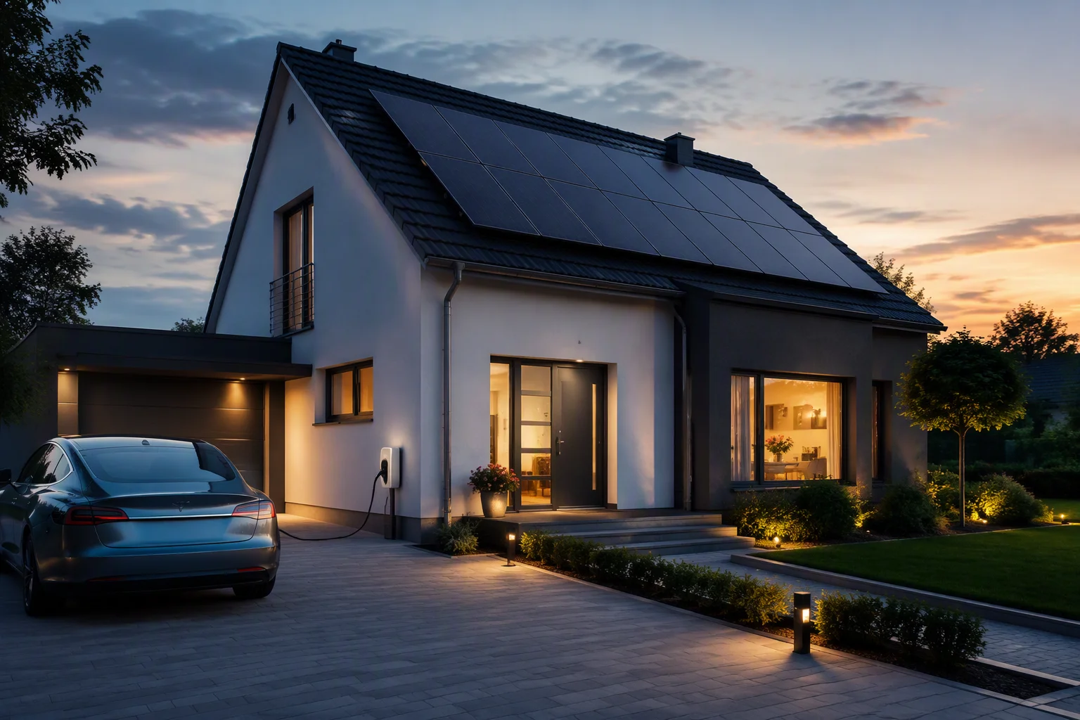 Home with solar panels, energy storage and electric vehicle charging