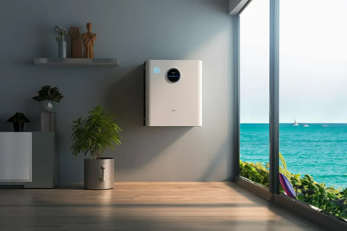 Wall-mounted home energy storage battery in a bright room with a sea view