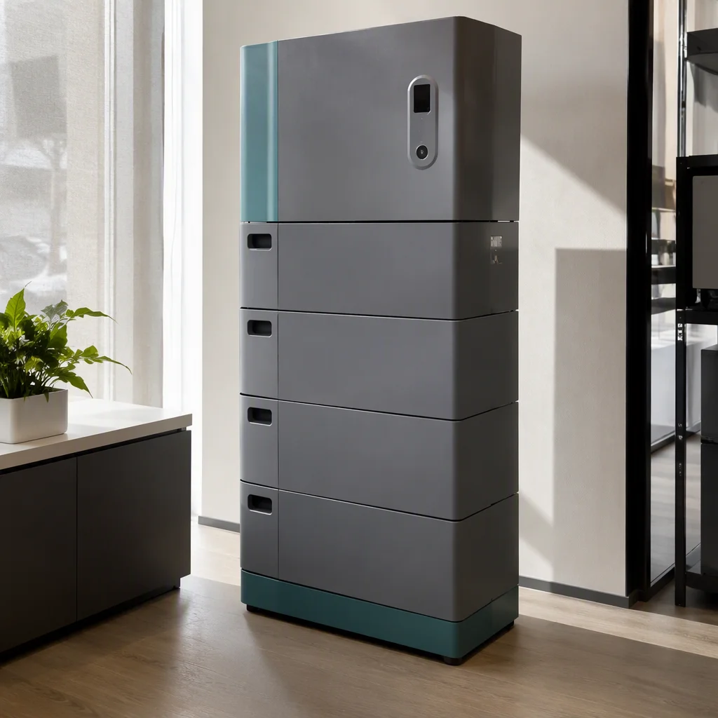 Stackable energy storage battery beside a house with solar panels
