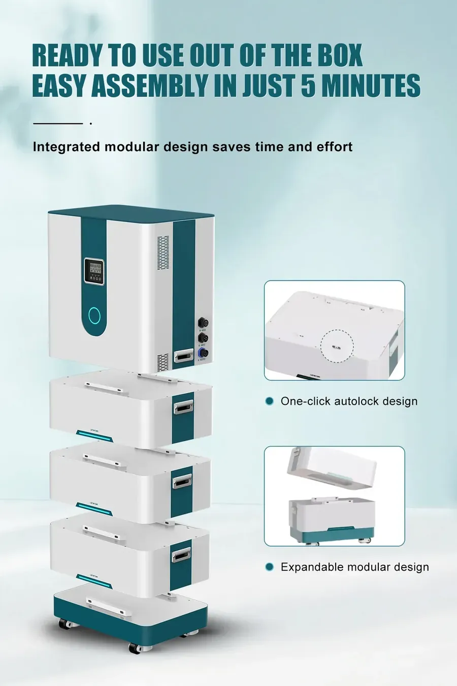 Stackable energy storage modules showing the layered modular layout