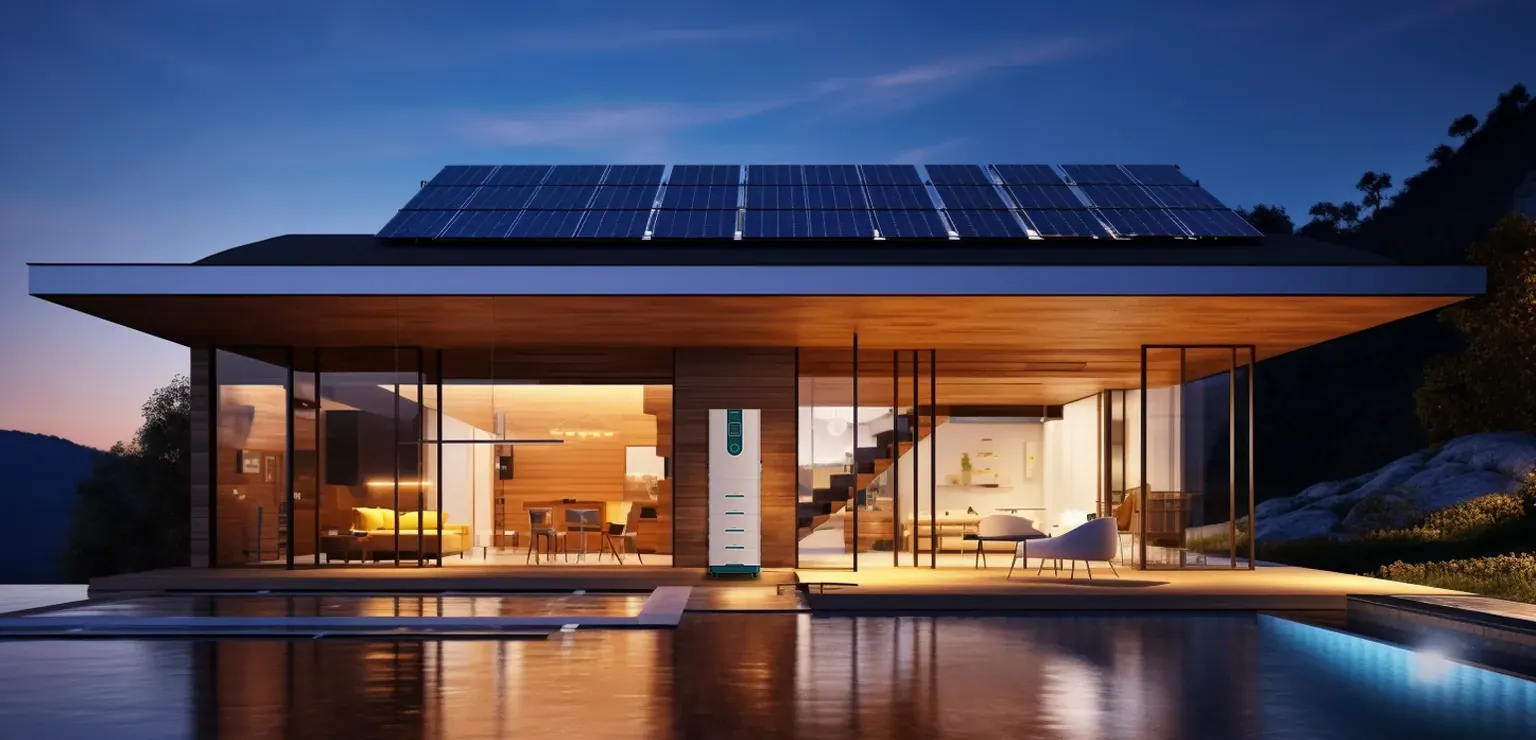 Stackable energy storage battery system beside a house with solar panels
