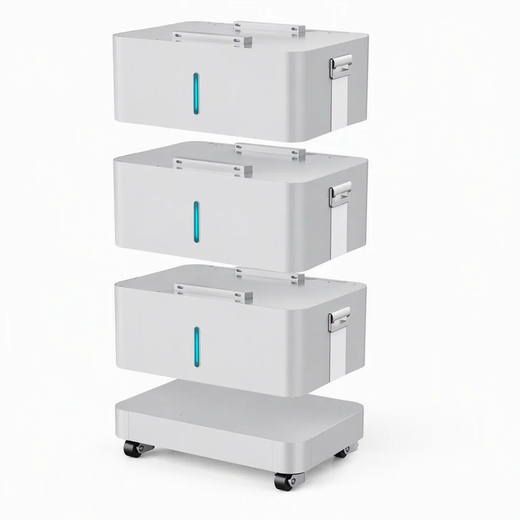 Exploded view of the EMS-ESS 10 kW wall-mounted battery showing inverter, battery and base layers