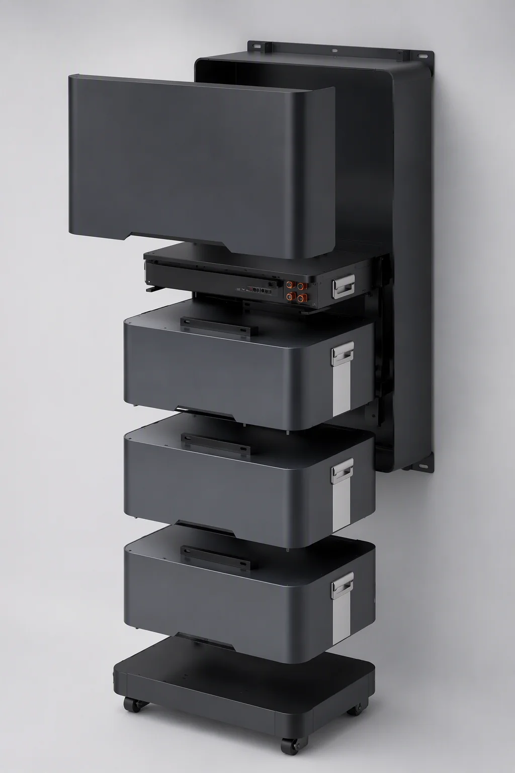 Exploded view of the EMS-ESS 10 kW wall-mounted battery showing inverter, battery and base layers
