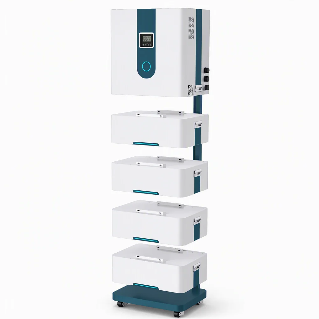 Exploded view of the EMS-ESS 5 kW wall-mounted battery showing inverter, battery and base layers