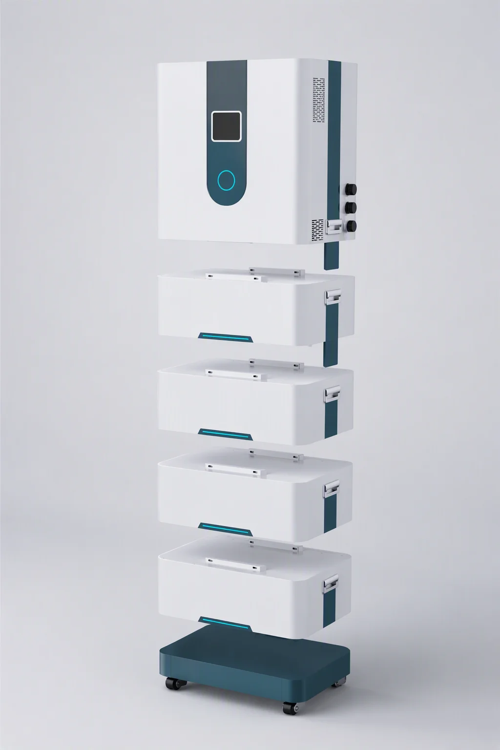 Exploded view of the EMS-ESS 5 kW wall-mounted battery showing inverter, battery and base layers