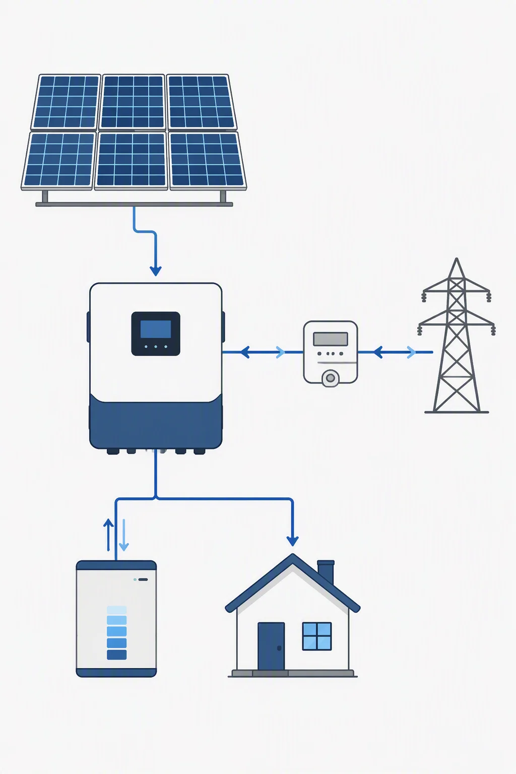 System wiring diagram showing PV array, PV switch, hybrid inverter and grid connection